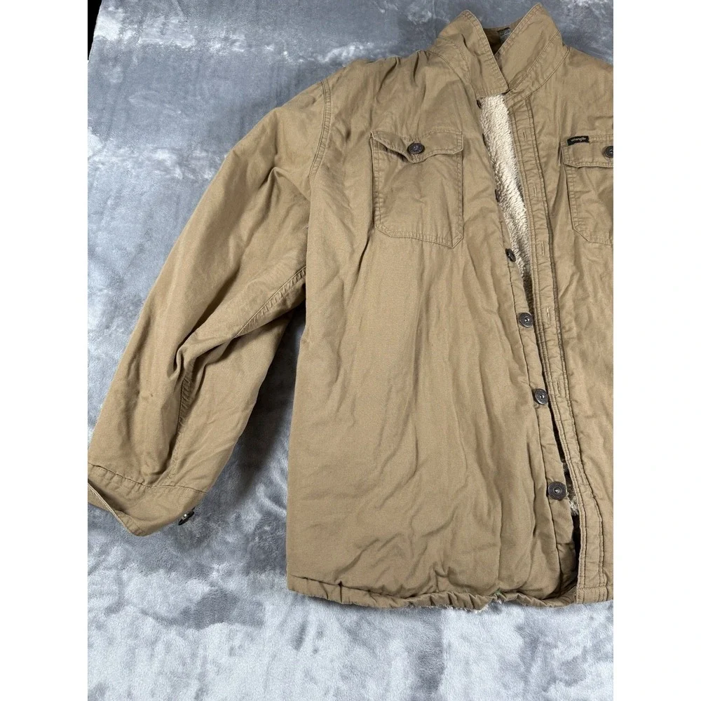 Wrangler Men's Sherpa Lined Workwear Jacket Coat Button Front Tan Brown Large